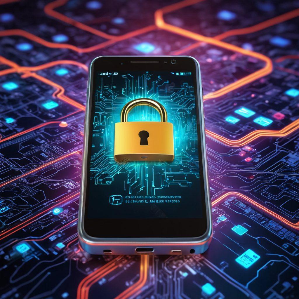 A smartphone with a glowing IMEI code displayed on its screen, surrounded by a digital network map symbolizing connectivity and unlocking solutions. Include tools like a key and a padlock to symbolize security and freedom. The background should have soft circuit patterns and vibrant colors representing technology. futuristic. 3D. vibrant colors.