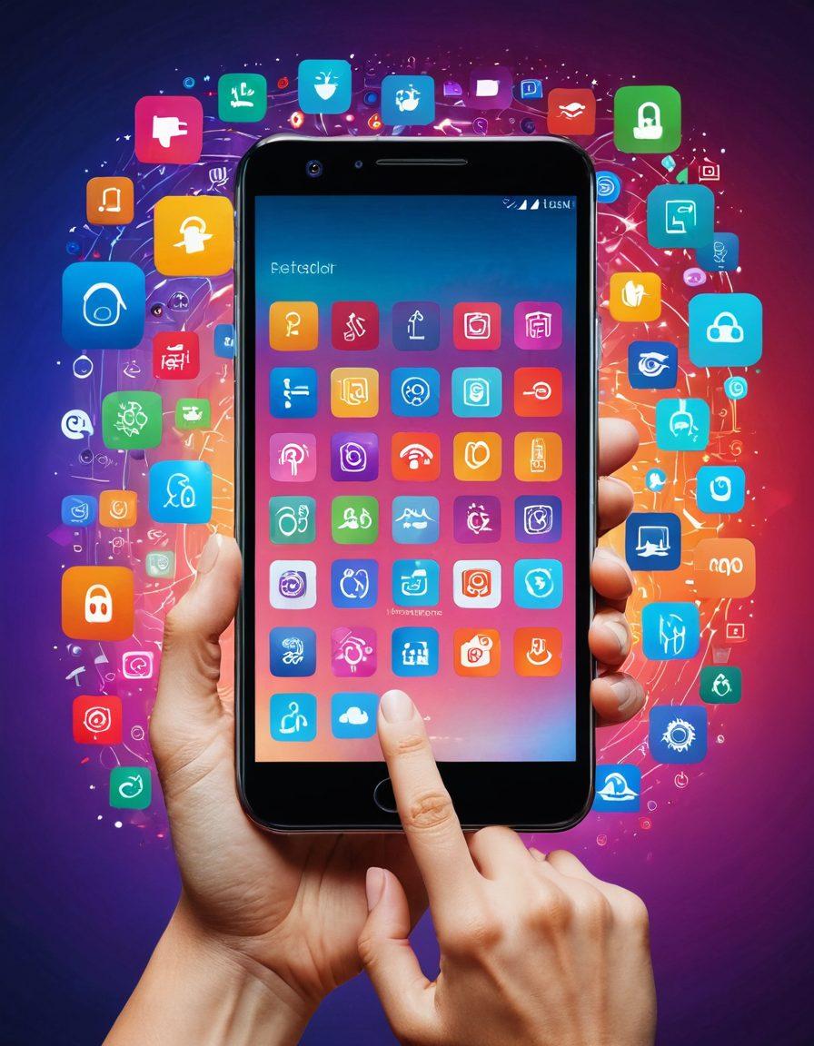 A visually striking smartphone displaying a lock being opened, symbolizing the concept of unlocking. Surrounding the phone are vibrant icons representing various mobile devices like tablets and smartwatches, showcasing their diversity. The background features a gradient of liberating colors that evoke freedom and technology, with subtle hints of digital circuits. A hand reaching for the phone to emphasize the action of unlocking. vibrant colors. super-realistic.